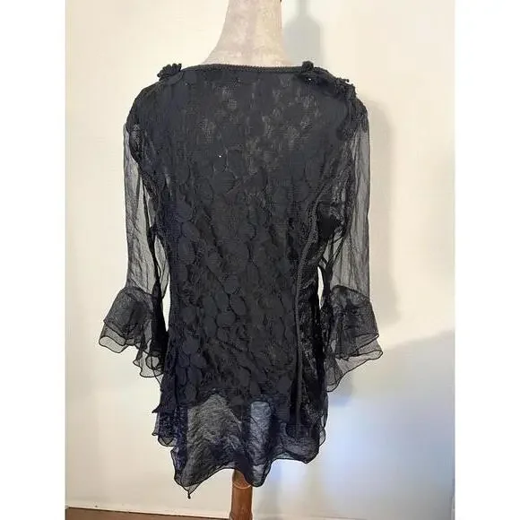 Elegant Black Sheer Ruffled Women's Blouse - Picture 5 of 6